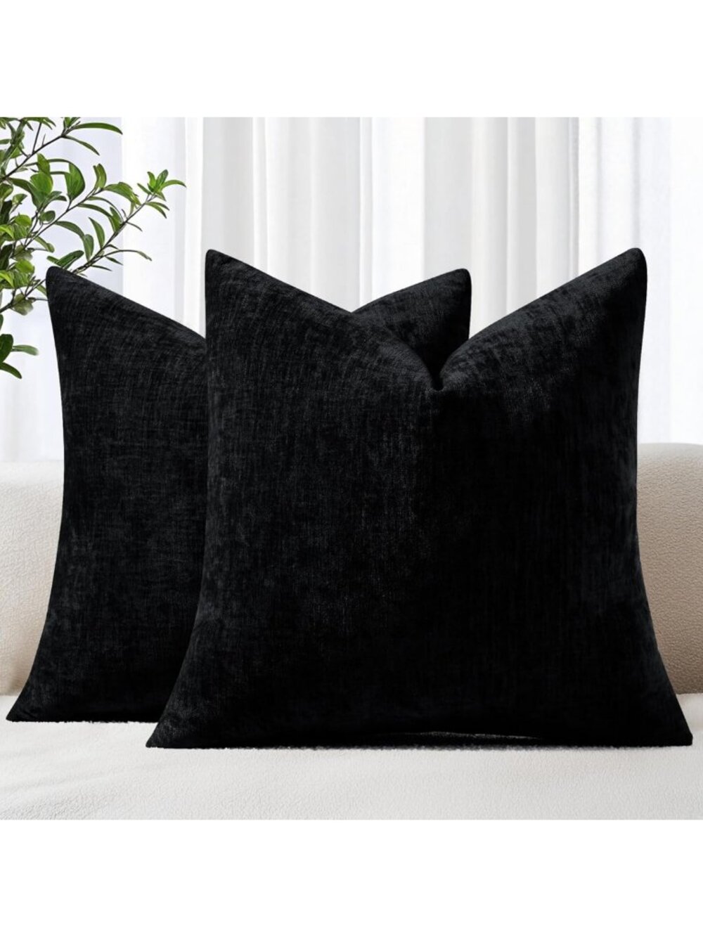 Soft Chenille Black Throw Pillow Covers 18x18 Set of 2 - Decorative Farmhouse